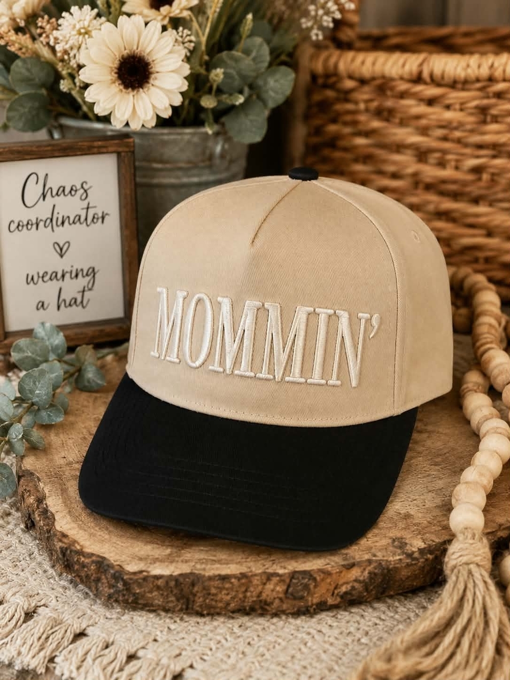 Mommin' Embroidered Two-Tone Baseball Cap - Beige & Black